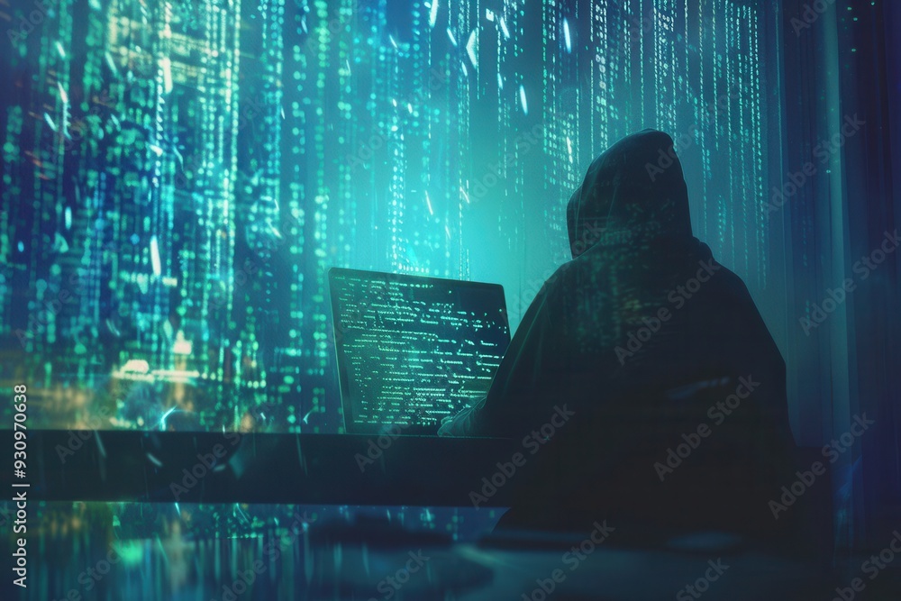 Aufkleber A hooded figure focused on a computer in a dark environment, surrounded by green matrix-like code on a large screen, deep in concentration. Generative AI