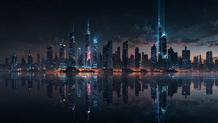 Obraz premium Create a stunning futuristic cityscape at night, where towering skyscrapers with illuminated blue lights dominate the skyline