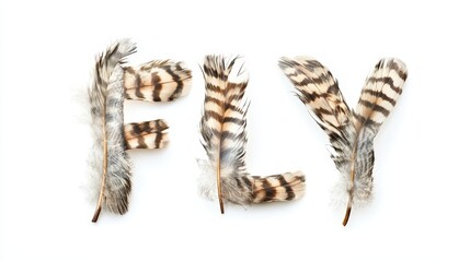 Obraz premium Fly Spelled Out With Bird Feathers, Isolated On White Background, Perfect For Pet Supply Advertising And Bird-Themed Promotions . Generative ai