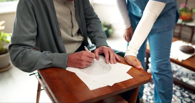 Dementia test, hands and nurse with patient for memory, problem solving and cognitive exercise. Alzheimer, senior person and exam on paper maze for psychology, rehabilitation or mental health in home