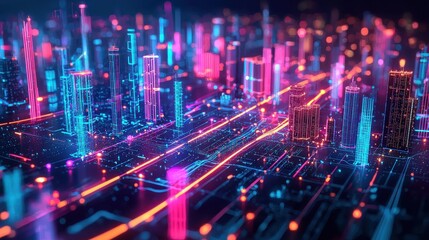 Futuristic chart depicting data flows in a smart city, with bright, neon-colored streams of information connecting buildings, vehicles, and infrastructure in a complex, interconnected web
