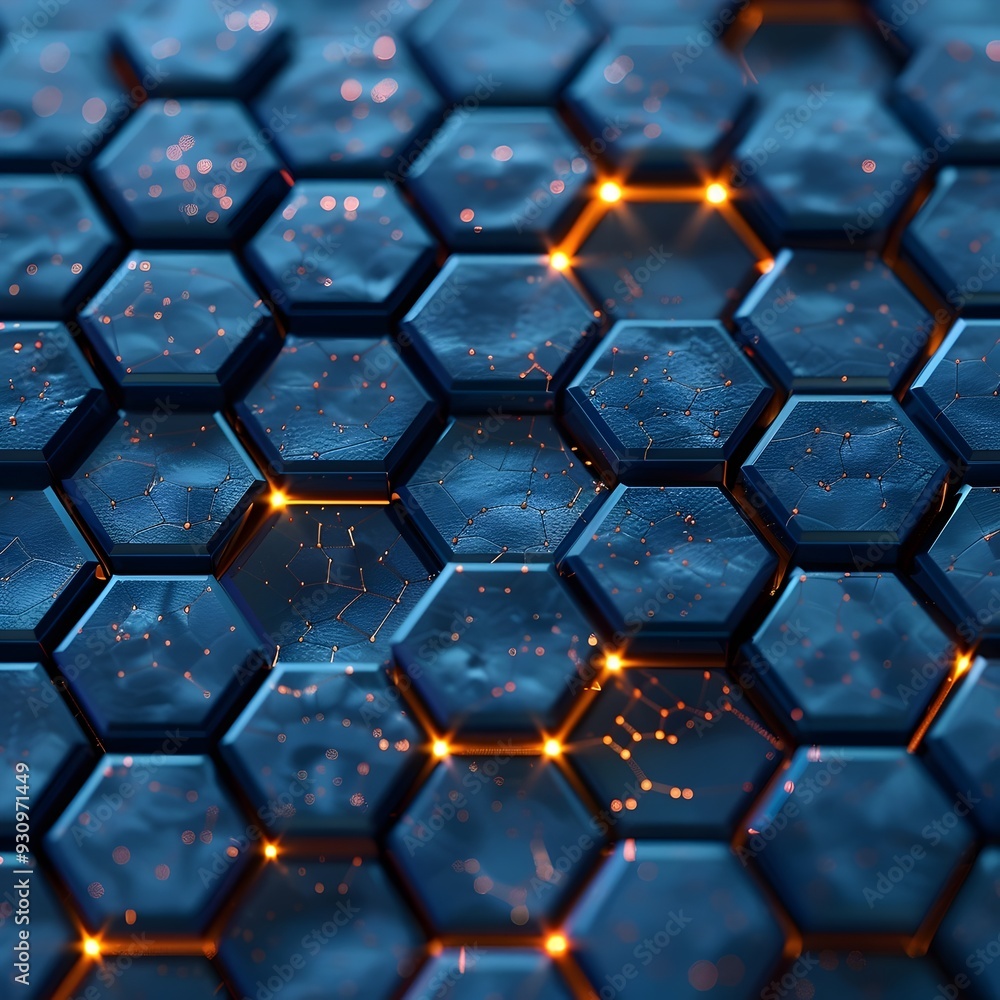 Poster futuristic hexagonal pattern with glowing orange connections on a blue textured surface, representin