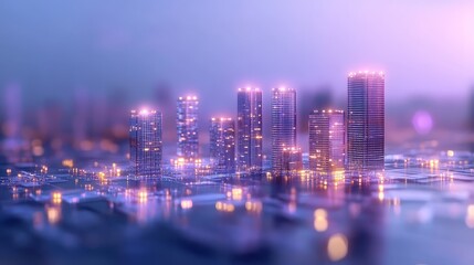 Obraz premium Futuristic cityscape with glowing skyscrapers at dusk