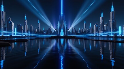 Create a stunning futuristic cityscape at night, where towering skyscrapers with illuminated blue lights dominate the skyline