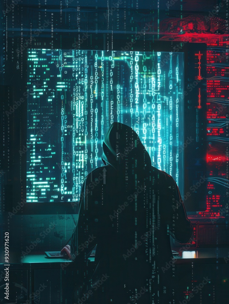 Aufkleber A hacker in a hoodie focuses intently on a computer, surrounded by flickering lines of code on a bright screen in a dimly lit environment. Generative AI