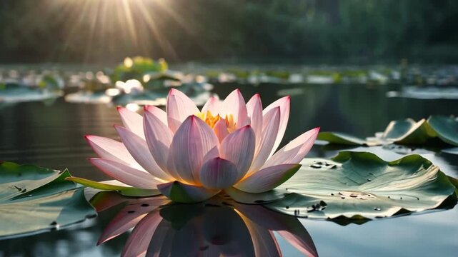 A serene lotus flower with pastel petals floats on water reflecting light pastel sky tones, creating a calm, reflective, and peaceful aesthetic.