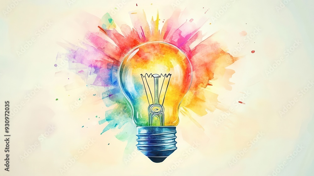 Poster light bulb exploding with colors, symbolizing innovation and unleashed potential, watercolor style