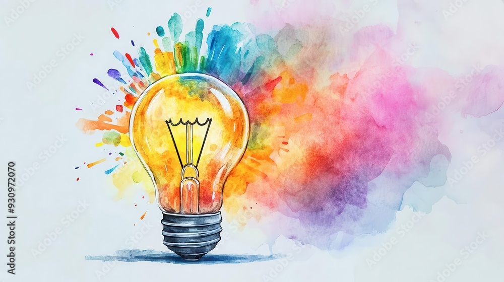 Poster light bulb exploding with colors, symbolizing innovation and unleashed potential, watercolor style