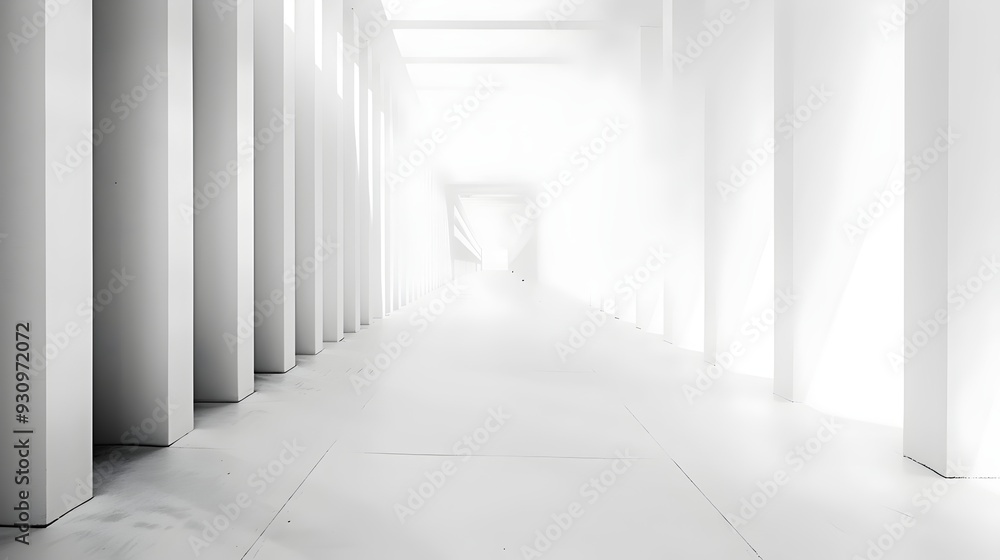 Poster minimalist white hallway with columns bathed in ethereal light, creating a sense of infinity and arc