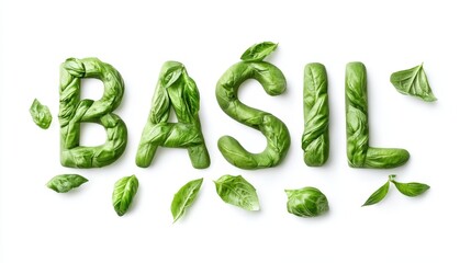 Basil Spelled Out With Fresh Basil Leaves, Isolated On White Background, Ideal For Culinary-Themed Designs And Organic Food Promotions . Generative ai