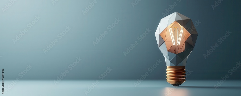 Poster minimalist 3d render of a light bulb in geometric shapes, representing the concept of intellect and 