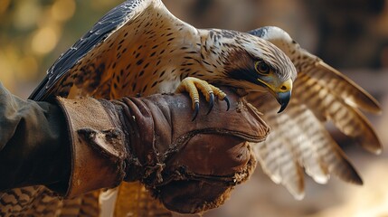 Obraz premium A close-up of a falconer's hand, showcasing the intricate details of the glove and the sharp talons of the falcon, with a blurred light solid color backdrop