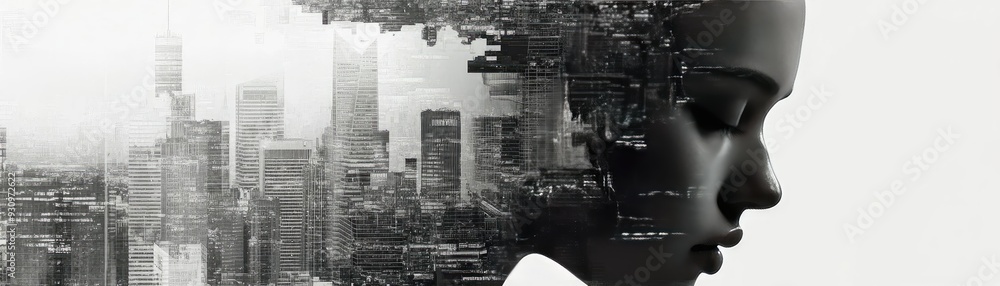 Poster a striking profile image merging human form with a cityscape, symbolizing the connection between ide