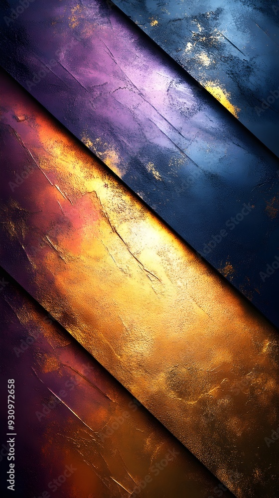 Poster abstract geometric composition with vibrant colors and textures, featuring diagonal sections of purp