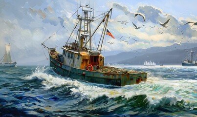 Obraz premium Return of the fishing seiner after the catch. 