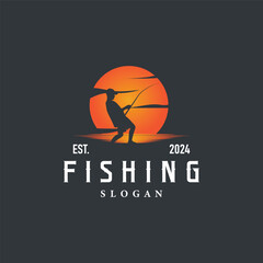 Fototapeta premium Fishing logo design silhouette of river angler with hook illustration template