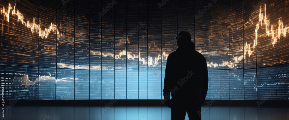 Poster a silhouette of a person standing in front of a giant digital screen with a flow of data showing var