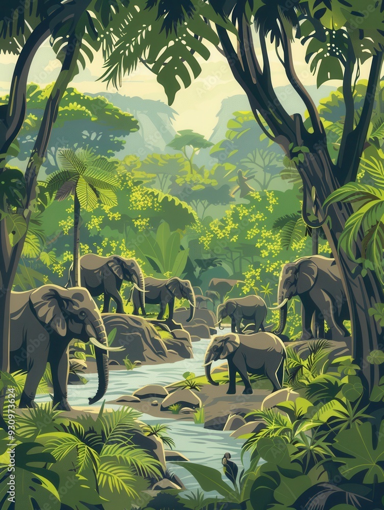 Poster a group of elephants interacts playfully near a stream surrounded by dense foliage and trees in the 