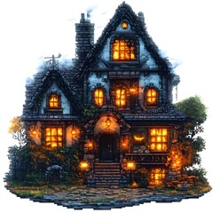 Fototapeta premium Haunting Pixelated Haunted House with Flickering Lights and Spooky Gothic Design