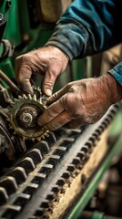 A close-up of a mechanic's hands working on a piece of farm machinery, with detailed gears and components visible