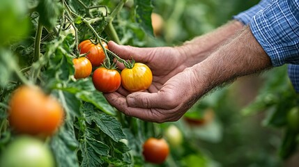 A close-up of a farm manager's hands inspecting ripe tomatoes, showcasing the details of the produce against a blurred background