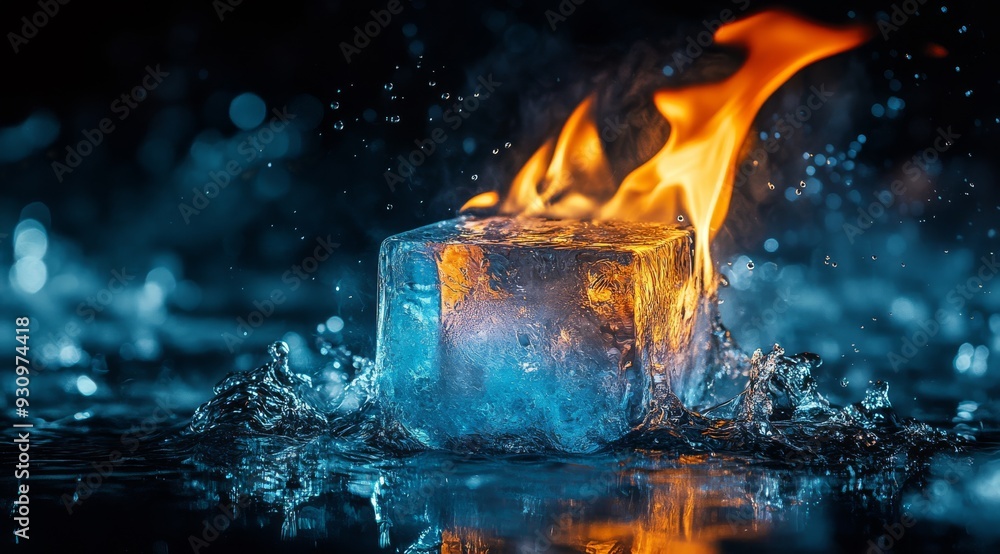 Poster an ice cube consumed by bright flames creates a stunning contrast between fire and ice, merging sens