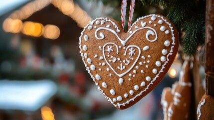 A beautifully decorated gingerbread heart cookie with intricate icing designs, hanging on a wooden stall at a Christmas market, evoking a warm and cheerful holiday spirit