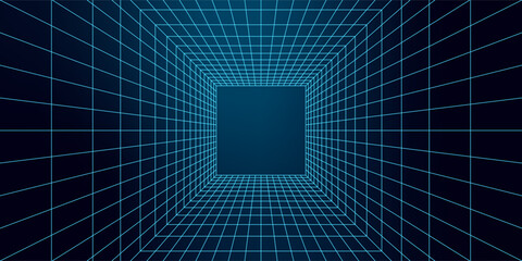 Futuristic abstract 3D portal design with a blue grid pattern. Tech-inspired wireframe tunnel with neon mesh elements and a geometric structure. Cyberpunk aesthetic with Y2K retro style.