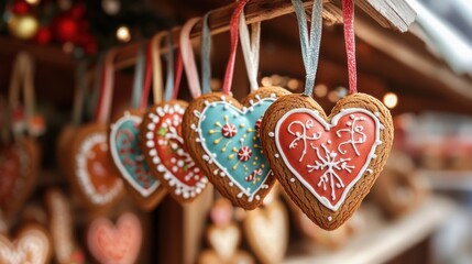 A festive display of colorful gingerbread heart cookies with intricate icing designs, hanging on a wooden stall at a Christmas market, evoking a warm and cheerful holiday spirit