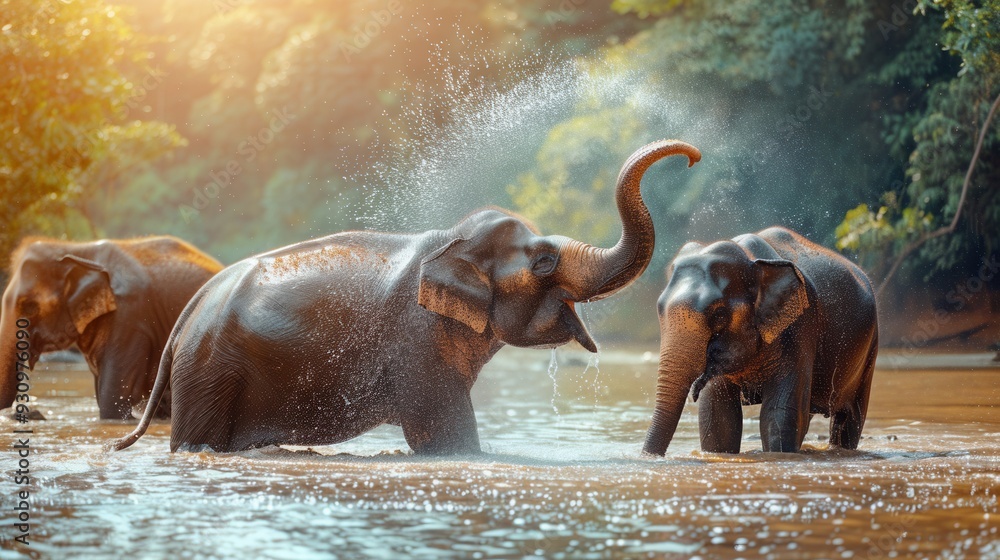 Poster a group of elephants joyfully splashes water while bathing in a tranquil river surrounded by lush gr