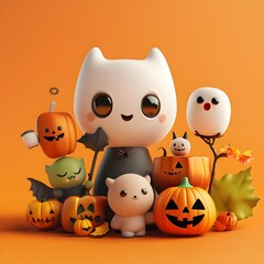 Obraz premium Cute and Whimsical 3D Rendered Monster Characters Celebrating the Halloween Holiday with Spooky Supernatural and Mischievous Designs