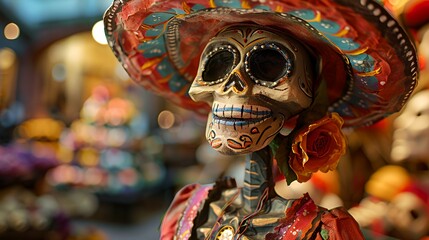 A colorful, smiling sugar skull wearing a large hat and a flower.