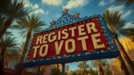 A sign that reads &ldquo;REGISTER TO VOTE&rdquo;. In neon - election - politics - voting - campaign 