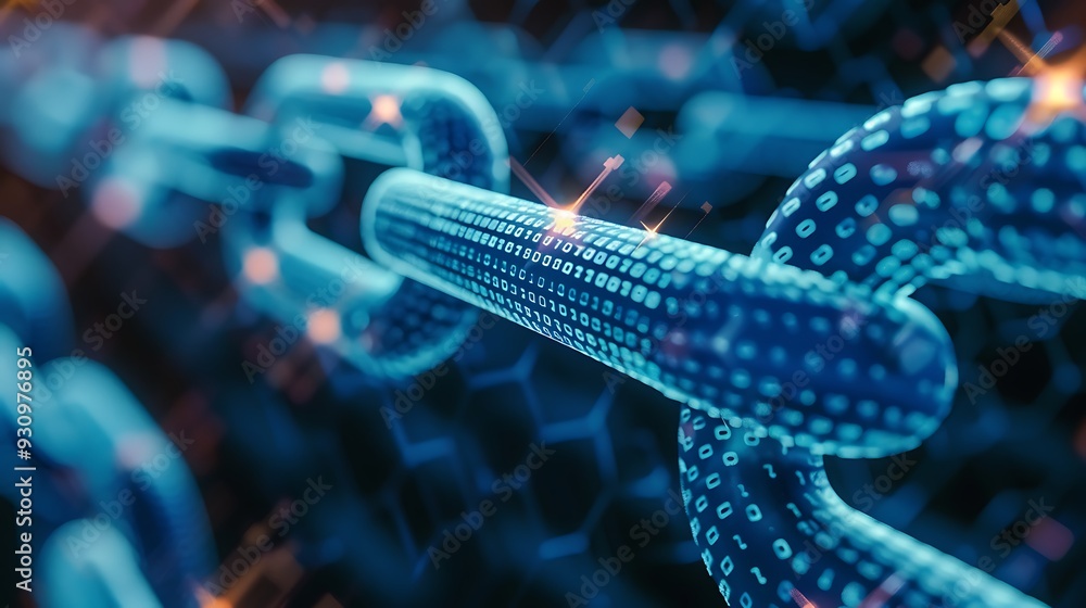 Fototapete Close-up of digital chain made of binary code representing interconnectedness and security of data in digital world for depiction of blockchain technology data protection network integrity concept.