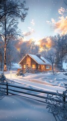 Cozy cabin nestled in a snowy forest at sunset, with warm lights glowing inside, surrounded by picturesque winter scenery.