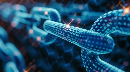 Close-up of digital chain made of binary code representing interconnectedness and security of data in digital world for depiction of blockchain technology data protection network integrity concept.