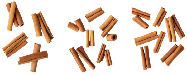 Cinnamon sticks falling on a white background, cut. Isolated