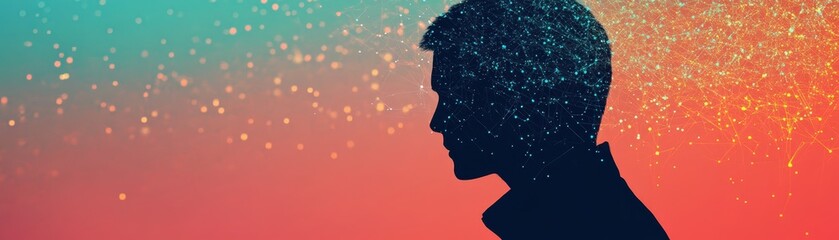 Silhouette of a Man with Digital Network Connections on Colorful Gradient Background