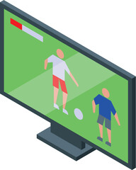 Football match being broadcast on television screen with soccer players running on green field © ylivdesign