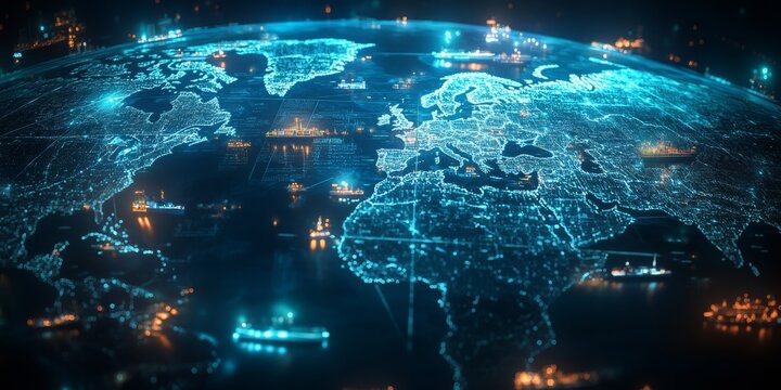 This interactive map showcases global logistics networks and cargo ships at ports, highlighting the complexity of essential international delivery and distribution systems for trade