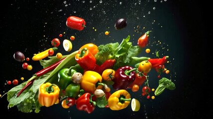 Vibrant Vegetable Splash: A captivating burst of fresh, colorful vegetables against a dark background.  The dynamic composition showcases bell peppers, tomatoes, 