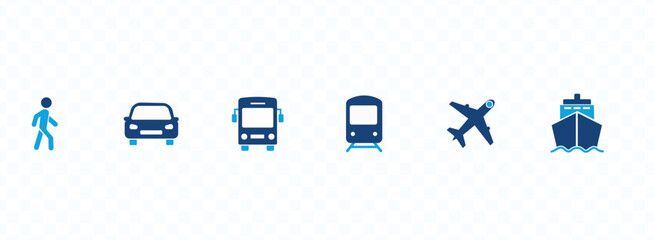 Transport icons set. Auto, bus, train, ship, plane and on foot. Public, travel and delivery transport icons. Vector illustration