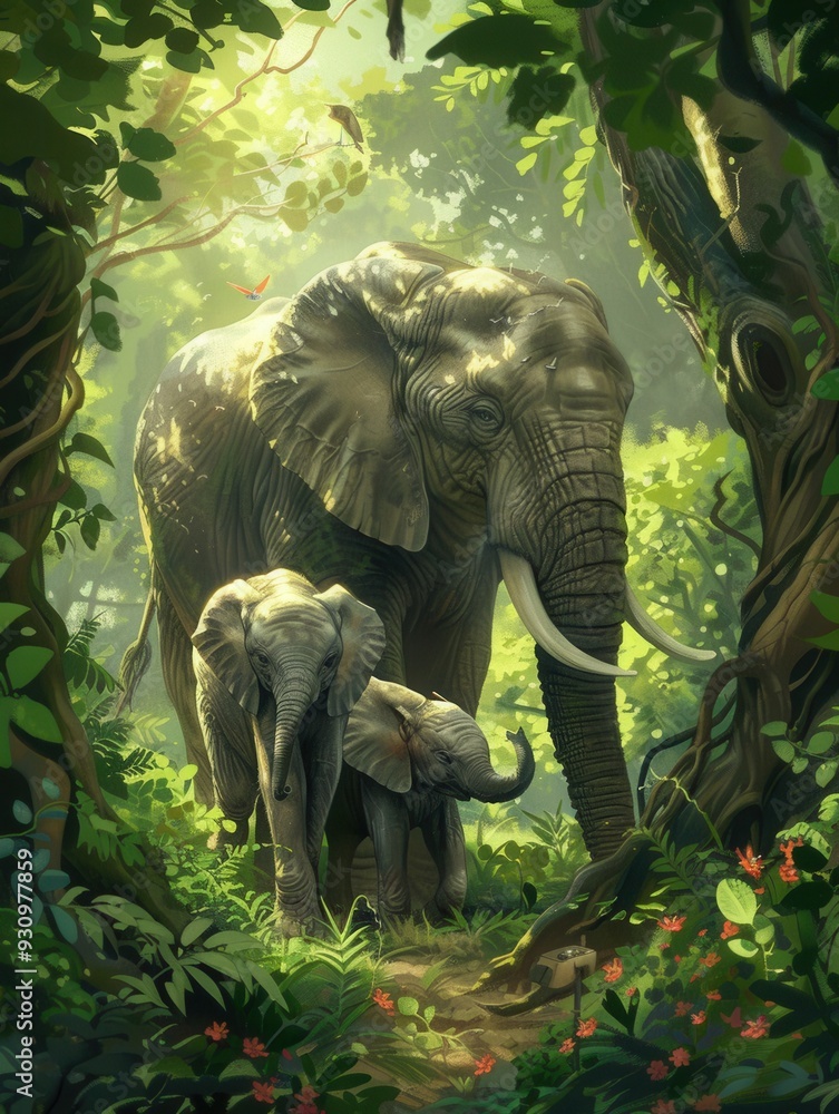 Poster a mother elephant and her two calves walk peacefully through a dense jungle, surrounded by tropical 