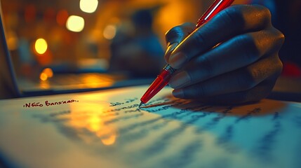 Detailed close-up shot of text being edited with a red pen, illustrating the critical and precise nature of the editing process in refining written materials