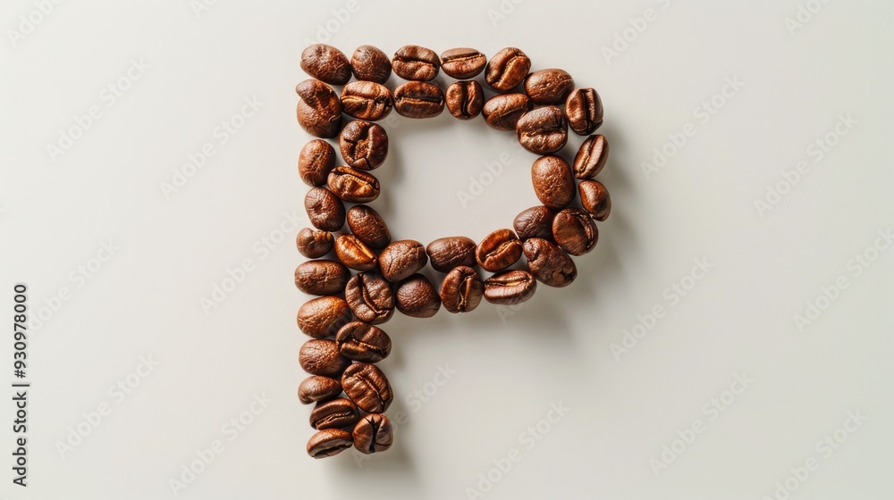 Poster top view image of letter p in alphabet made from roasted coffee beans on white background for messag