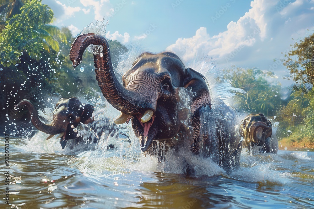 Poster a group of elephants joyfully splashes in the river surrounded by lush greenery under a clear blue s