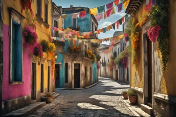 Naklejka premium Colorful Street with Banners and Flowers