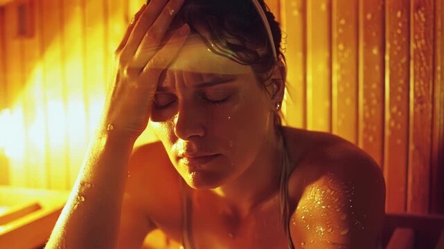 Feeling uncomfortable and dizzy in the sauna, a woman touches her forehead, sweating profusely. The heat and humidity take a toll, making her feel unwell and exhausted