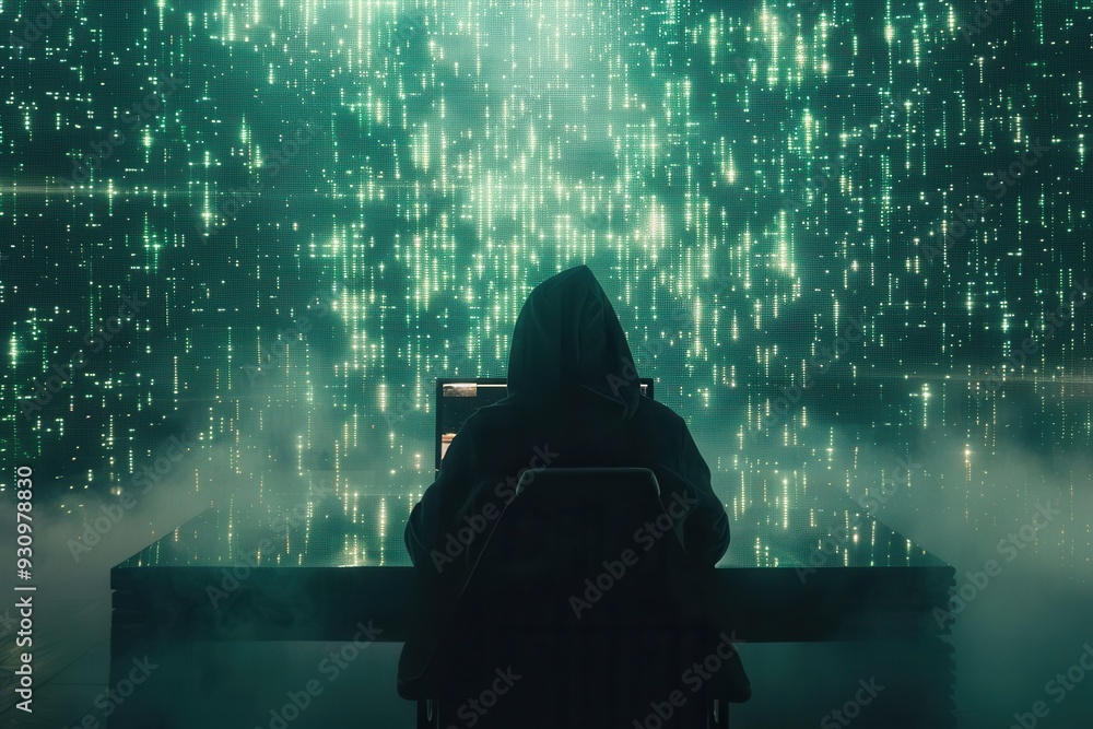 Aufkleber A hacker in a hoodie focused on a large screen filled with cascading green code in a dark, misty room, creating an intense atmosphere of secrecy. Generative AI