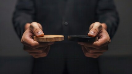 A person in a suit holds two contrasting round objects, one wooden and one black, symbolizing choice and decision-making.